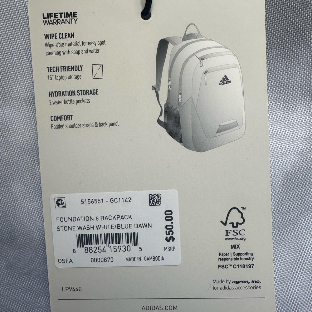 Adidas “Foundation 6” Backpack in Light Gray stone wash, Mint And Light Blue - Picture 4 of 4